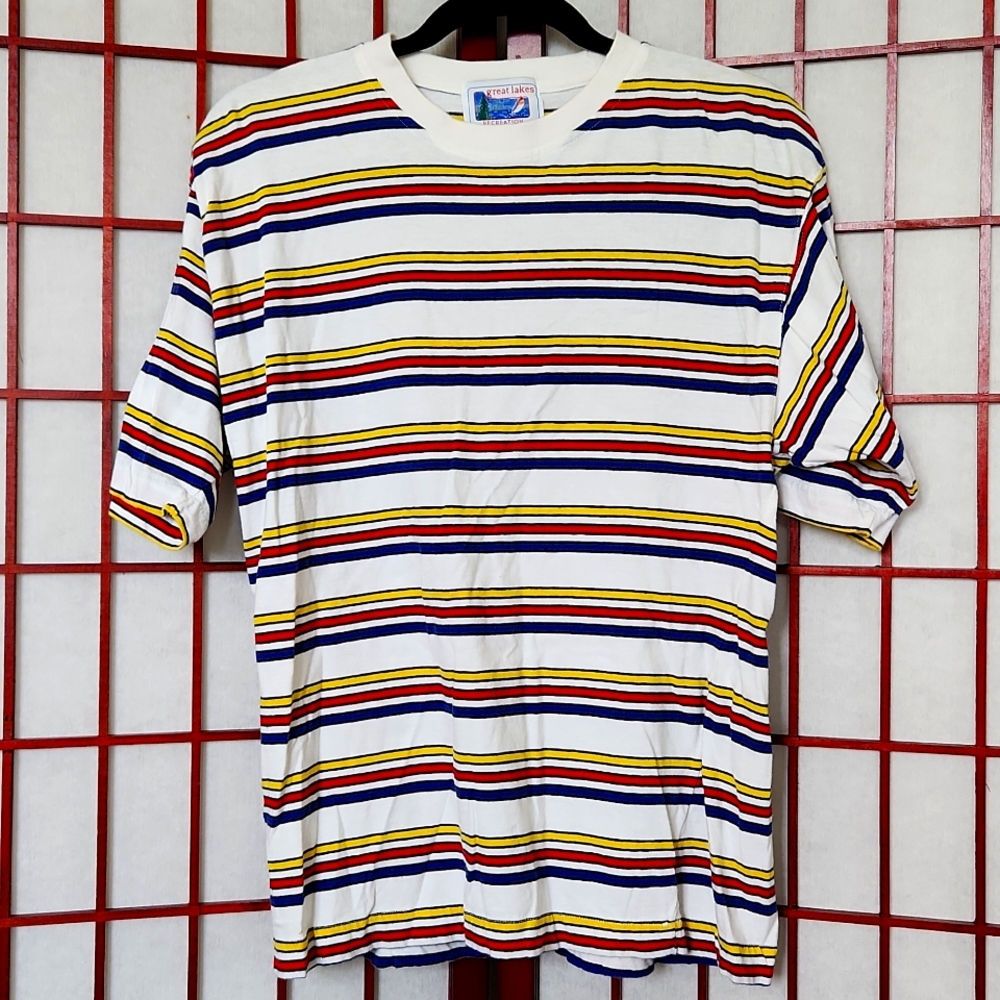 Vintage Great Lakes Red/yellow/blue/white short-sleeve striped tee Men's size S